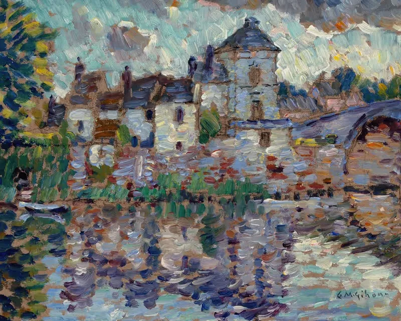 Town Overlooking a Lake by Clarence Montfort Gihon — digital art print download