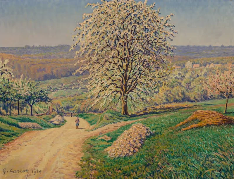 An extensive landscape with a figure walking on a road — Gustave Cariot