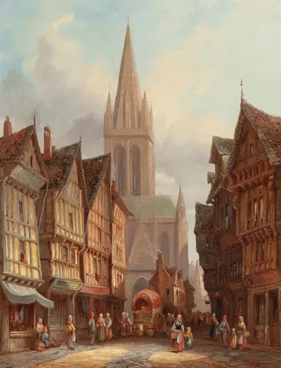 Market Day in Honfleur, Normandy by Henry Thomas Schafer, 1885 — digital art print download