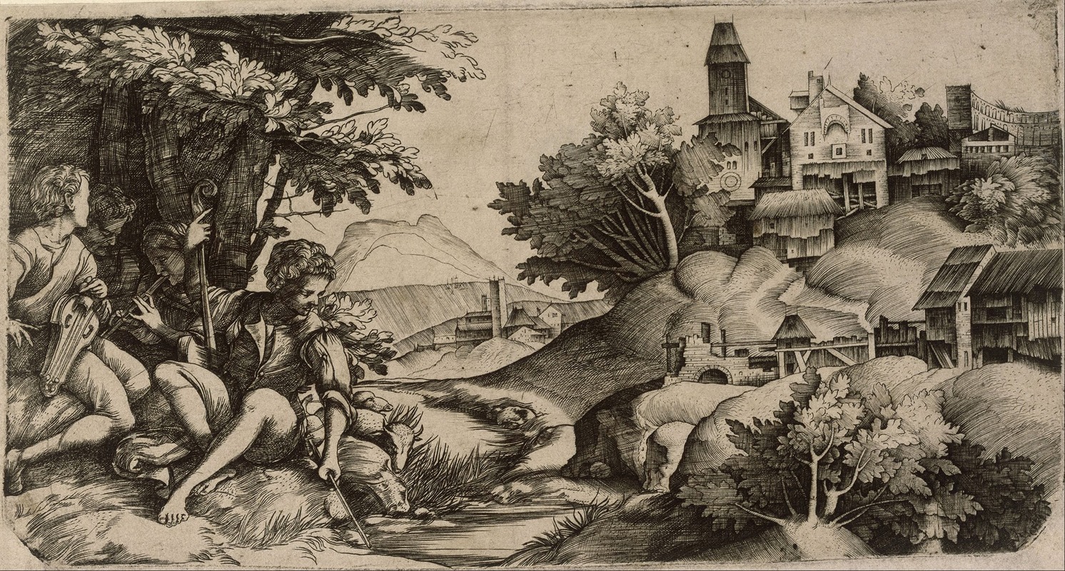 Concert by a brook by Giulio Campagnola, 1516 - 1517 — digital art print download