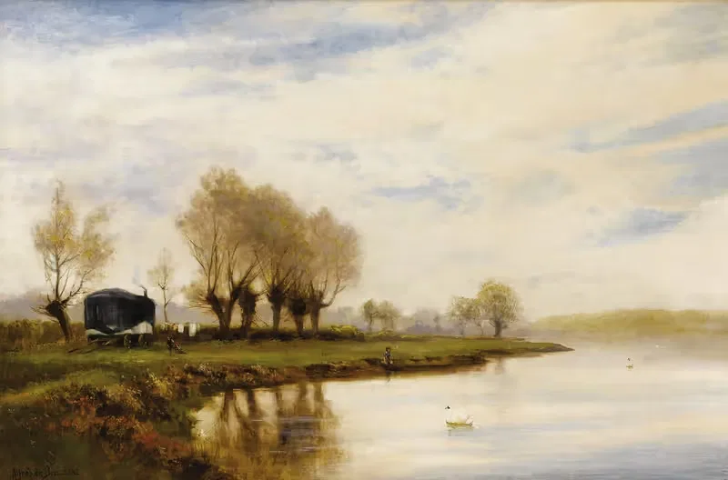 'A Misty Morning', The Tow Path at Shepperton — Alfred de Bréanski