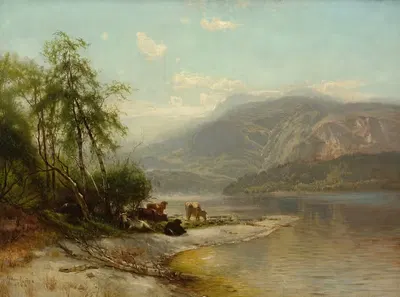 Коровы, поящиеся на берегу реки by Артур Партон, 1882 — digital art print download