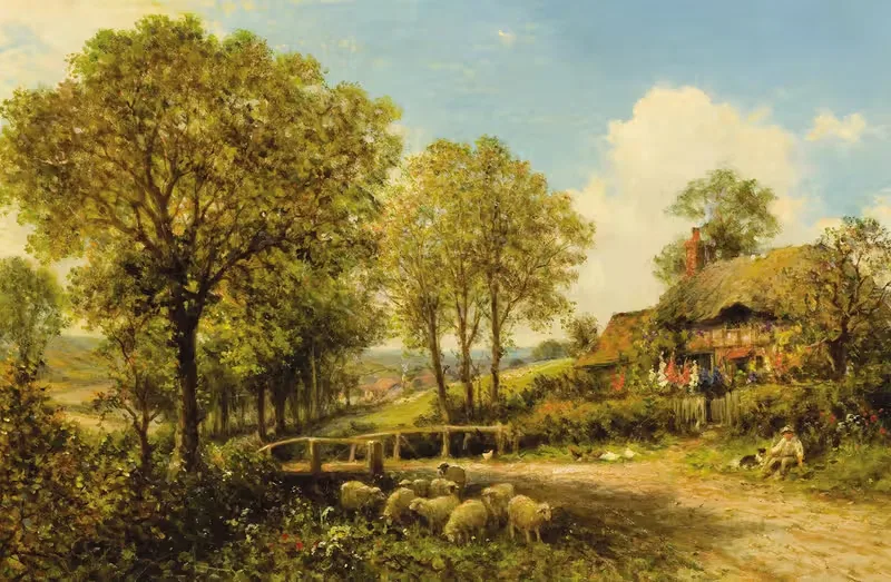 Spring Cottage with Shepherd and Flock by Бенджамин Уильямс Лидер, 1896 — digital art print download