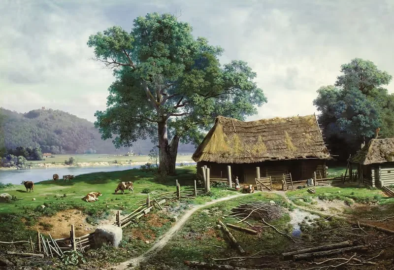 Фермерское подворье у реки by Михаил Клодт, 1858 — digital art print download