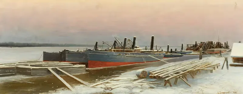 Лодки на причале зимой by Михаил Померанцев, 1885 — digital art print download