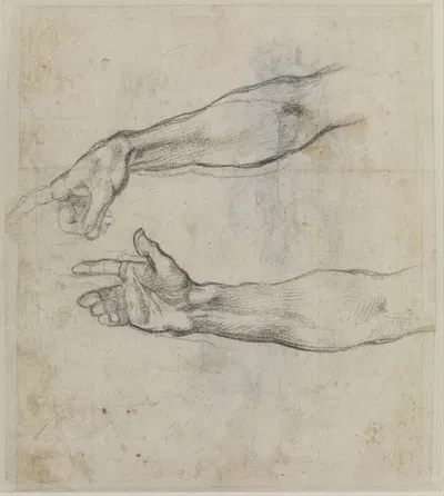 Studies of an outstretched arm for the fresco 'The Drunkenness of Noah' in the Sistine Chapel by Michelangelo — digital art…