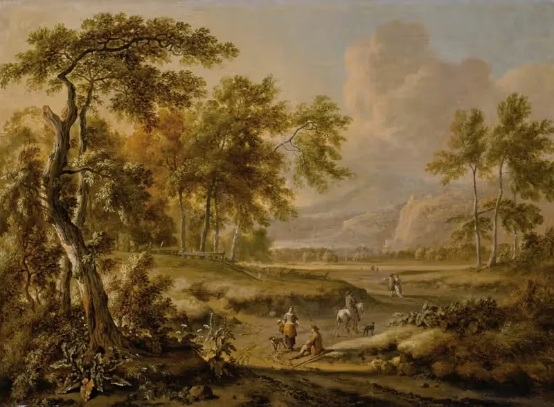 An extensive landscape with figures on a path in the foreground — Jan Wijnants