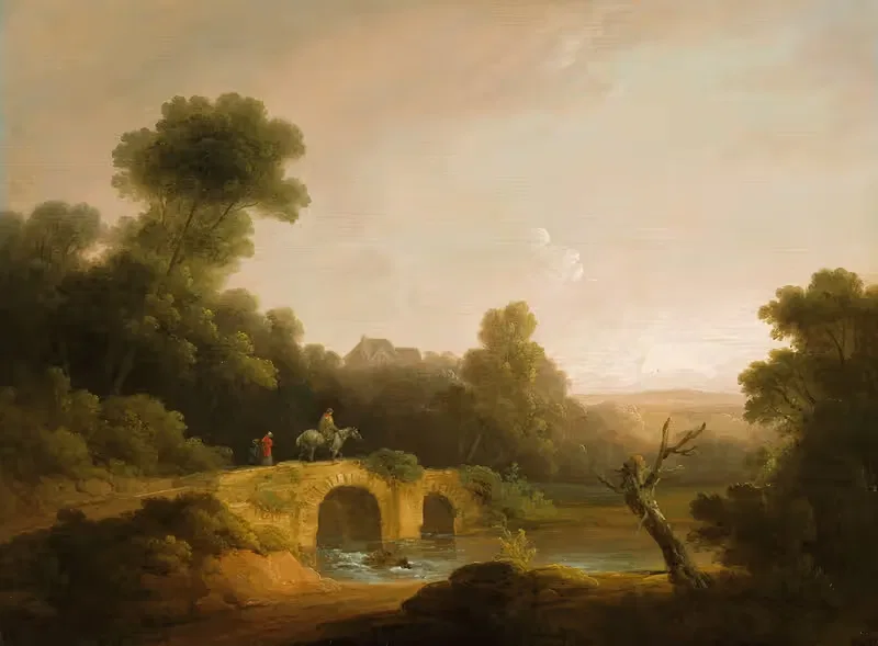 Пейзаж с фигурами, пересекающими мост by Джон Рэтбоу, 1790-1800 — digital art print download