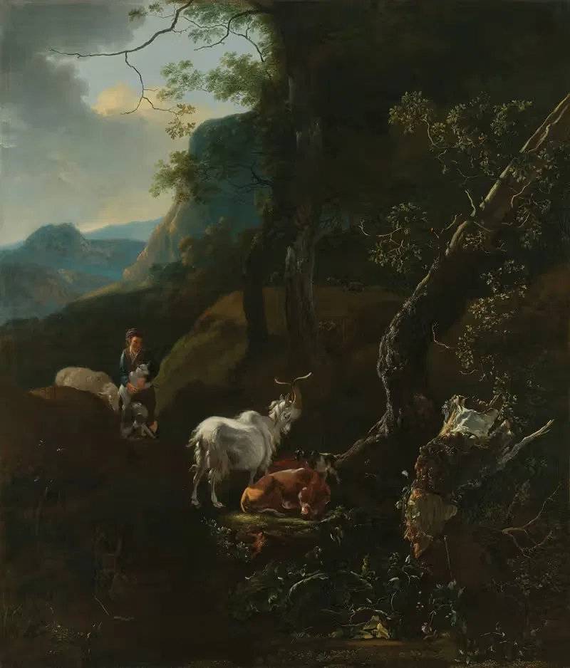 A Sherpherdess with Animals in a Mountainous Landscape — Adam Pynacker