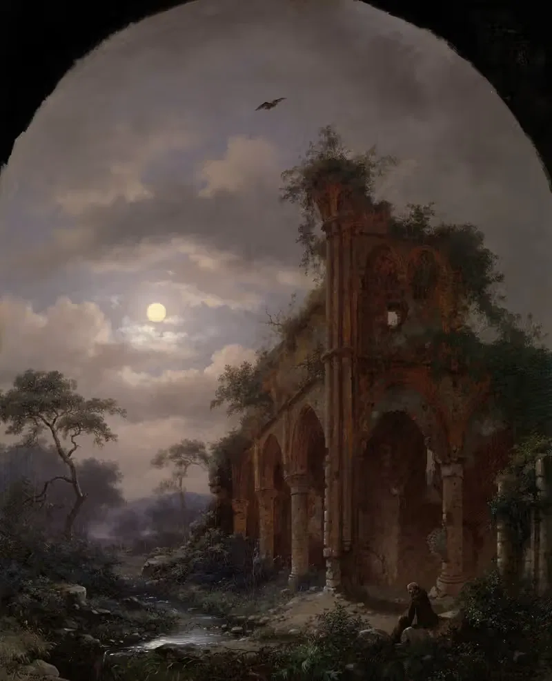 Monk Meditating near a Ruin by Moonlight — Frederik Marinus Kruseman
