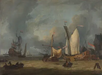 Шторм (Корабли в гавани на сильном ветру) by Ян Клаэсз. Риетсхооф, 1675 - 1719 — digital art print download