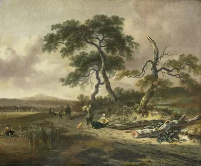Landscape with a Peddler and Woman Resting by Jan Wijnants, 1669 — digital art print download