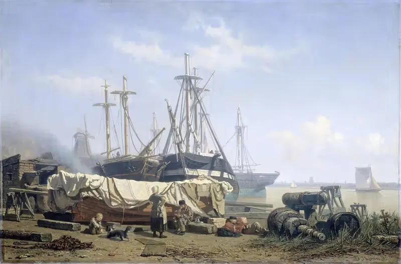 Полуденный перерыв на верфи на Маасе by Йохан Конрад Грайв, 1865 - 1867 — digital art print download