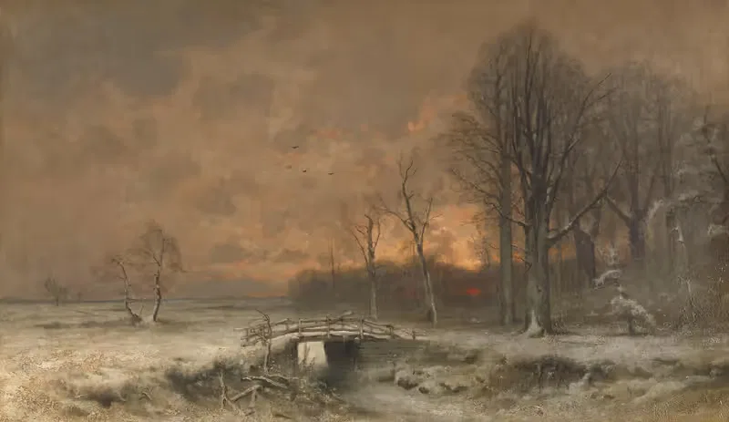 Winter Scene with the Sun Setting Behind Trees by Louis Apol, 1880 - 1930 — digital art print download