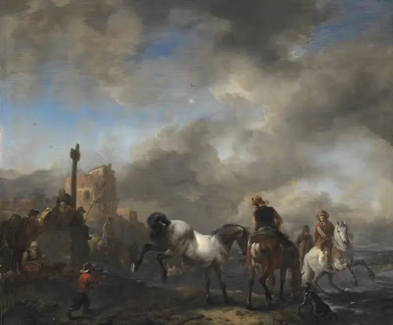 Horsepond near a Boundary Stone — Philips Wouwerman