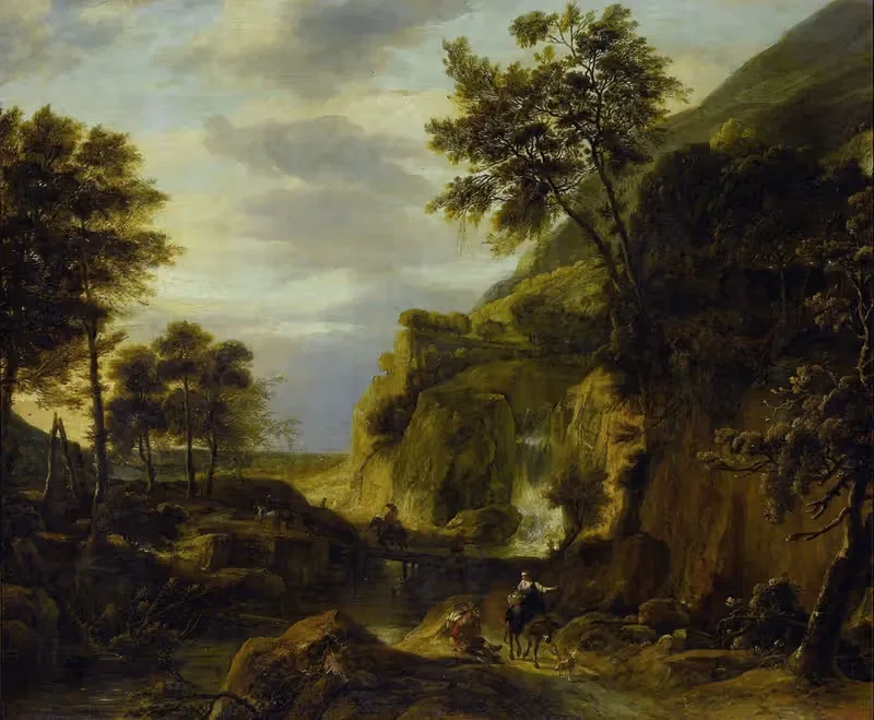Горный пейзаж с водопадом by Ролант Рогман, 1650 - 1692 — digital art print download