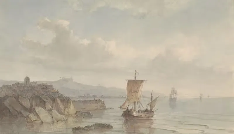 Kustlandschap met haven en schepen op het water — Christiaan Lodewijk Willem Dreibholtz