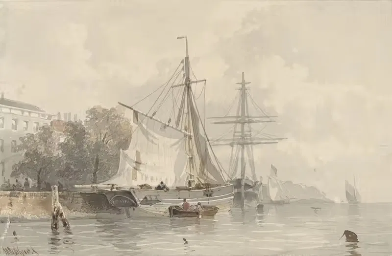 Парусные корабли на берегу by Франс Арнольд Бройхаус де Грут, 1834 - 1872 — digital art print download