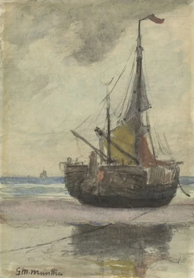 Vissersboot op het strand met gereefd zeil — Gerhard Munthe