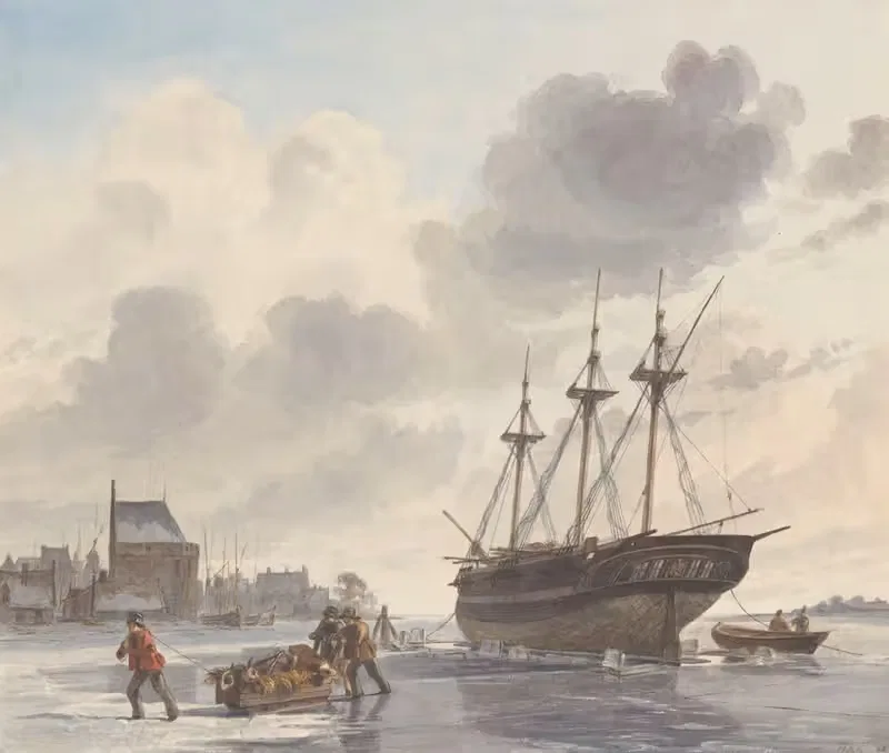 Schip in het ijs op een rivier bij een stad — Hendrik Abraham Klinkhamer