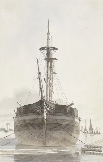 Zeilschip van voren gezien in een houthaven by Hendrik Abraham Klinkhamer, 1820 - 1872 — digital art print download