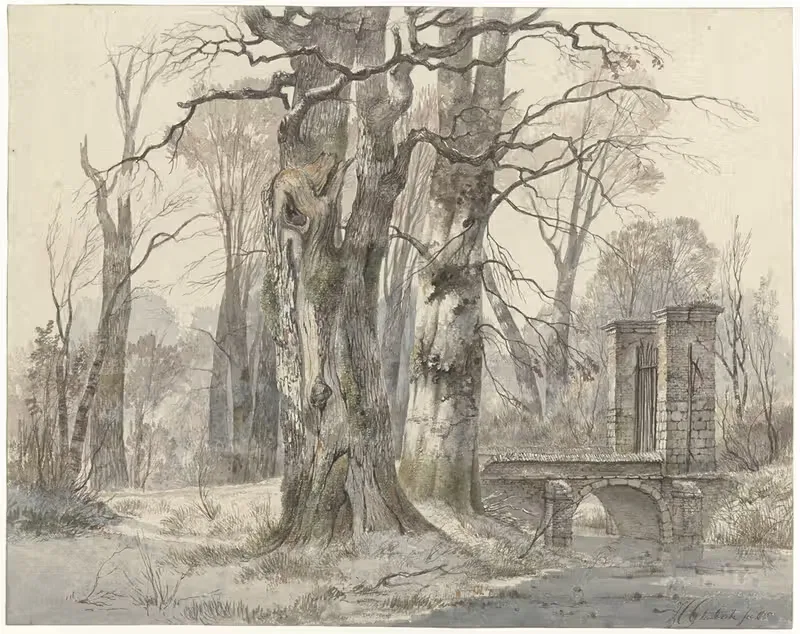 Winterlandschap met poort tussen bomen — Hendrik Gerrit ten Cate
