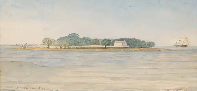 Gezicht op het eiland Kuiper in de baai van Batavia — J. G. van der Does