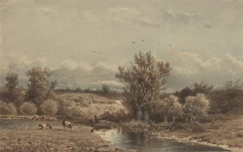 Landschap met rivier en koeien — Jan Vrolijk