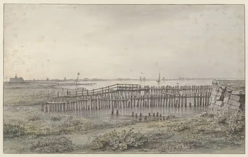 Речной пейзаж с палисадниками by Иоаннес Дейкхофф мл., 1805 - 1862 — digital art print download