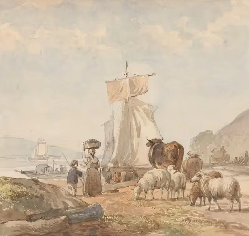 Figuren met vee bij rivieroever met veerboot — Julius Jacobus van de Sande Bakhuyzen