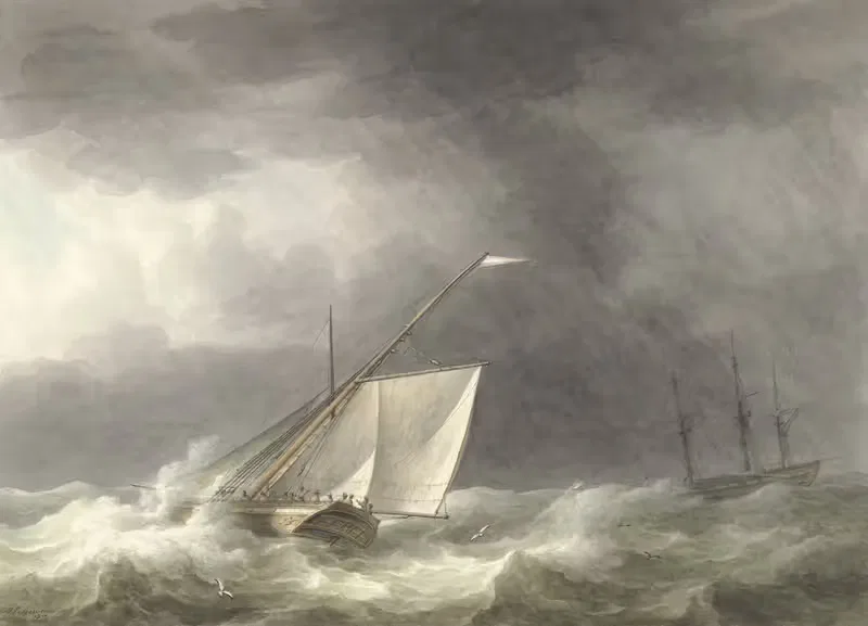 Twee zeilschepen op woelige zee — Martinus Schouman