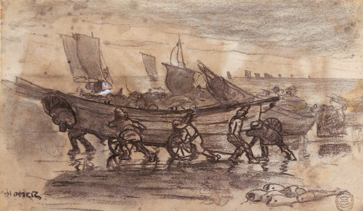 Fishermen Beaching a Dory, Cullercoats, England — Winslow Homer