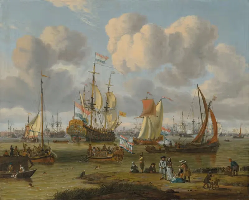Shipping off Amsterdam with figures on a quay — Abraham Storck