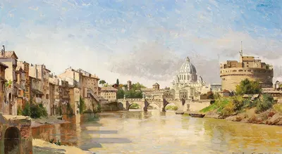 Вид на Тибр к Ангельскому замку и собору Святого Петра by Август Фишер, 1887 — digital art print download