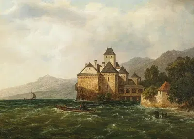 A View of Chillon Castle on Lake Geneva by August Piepenhagen, c. 1835 — digital art print download
