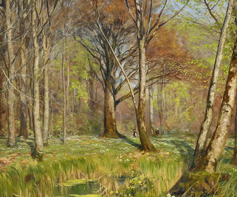 Børn i forårsskoven. Anemonerne er sprunget ud — Hans Andersen Brendekilde