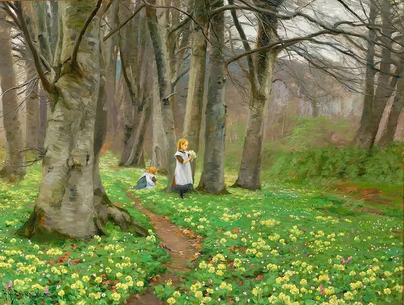 To piger plukker blomster i forårsskov — Hans Andersen Brendekilde