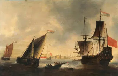 Голландские корабли и лодки в море, город вдали by Якоб Адриансен Беллевуа — digital art print download