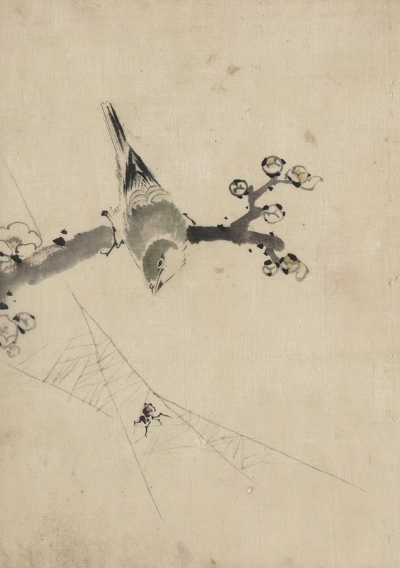 A bird perched on a tree branch with blossoms, watching a spider on a web — Katsushika Hokusai