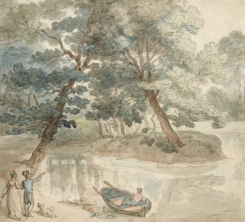 Elegant figures with a dog, by a lake — Thomas Rowlandson