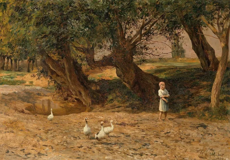 Das kleine Gänseliesel unter Weiden — Carl Rudolf Huber