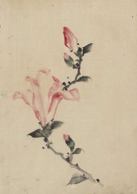 Large pink blossom on a stem with three additional buds by Кацусика Хокусай, 1830-1850 — digital art print download