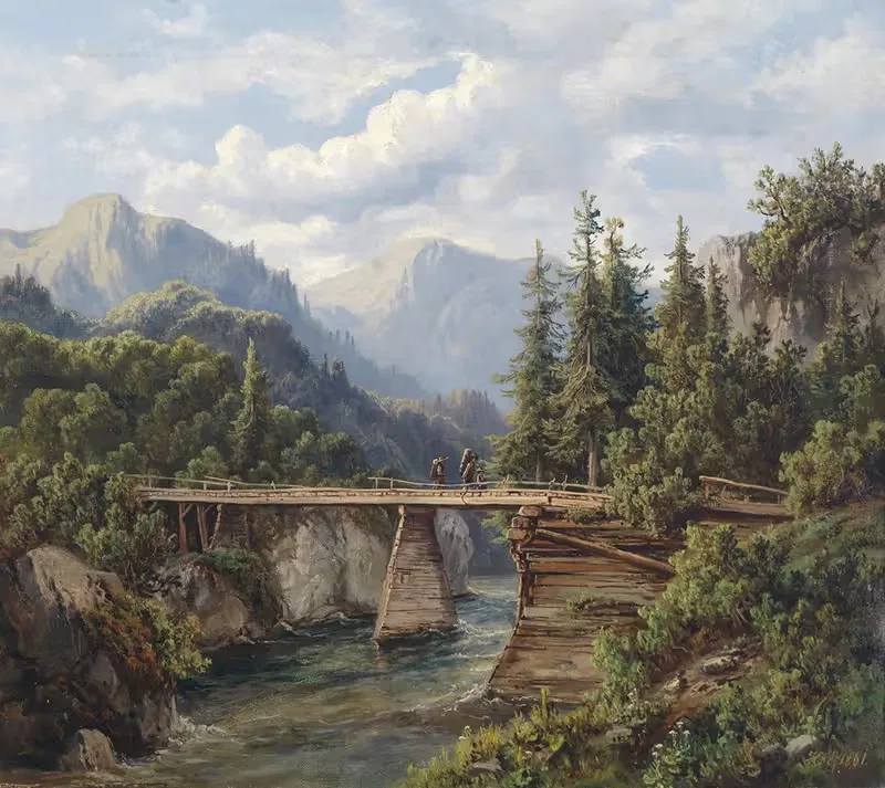 Деревянный мост через горный ручей by Эдмунд Хёд, 1861 — digital art print download
