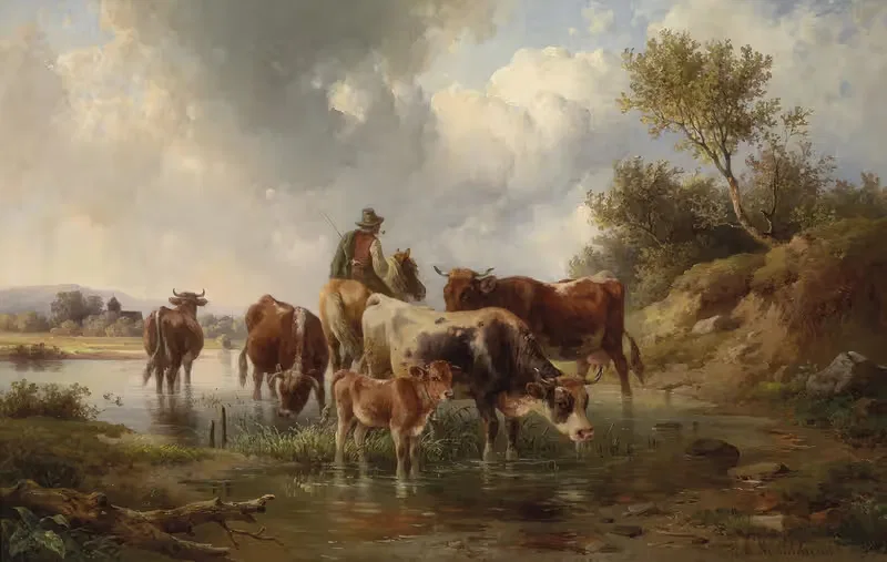 Kühe mit Hirten an der Furt — Edmund Mahlknecht