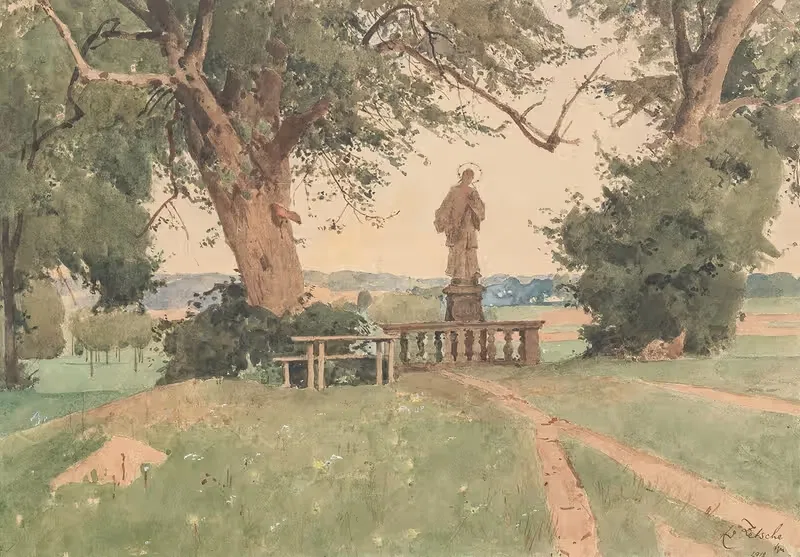 Пейзаж с статуей Непомука by Эдуард Зетше, 1918 — digital art print download