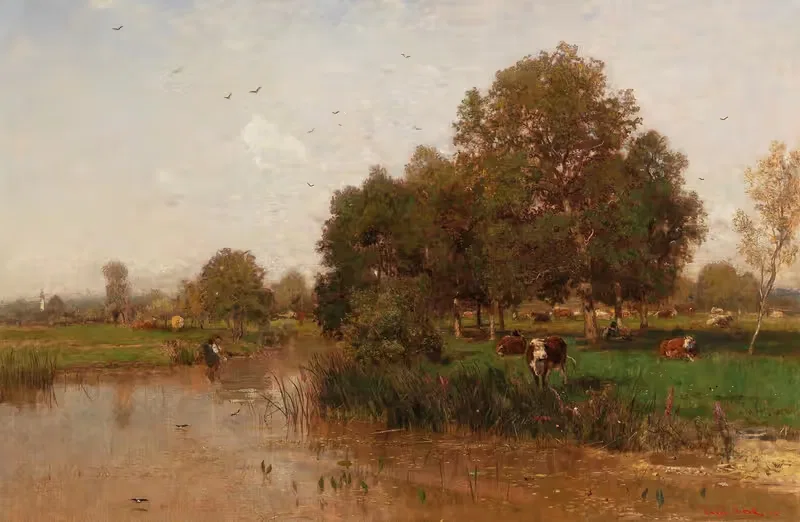 River Landscape with Cows Resting by Eugen Jettel — digital art print download