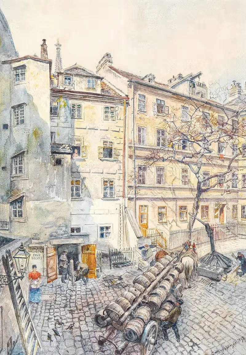 Wiener Hinterhof mit Bierfässern by Franz Hohenberger, 1897 — digital art print download