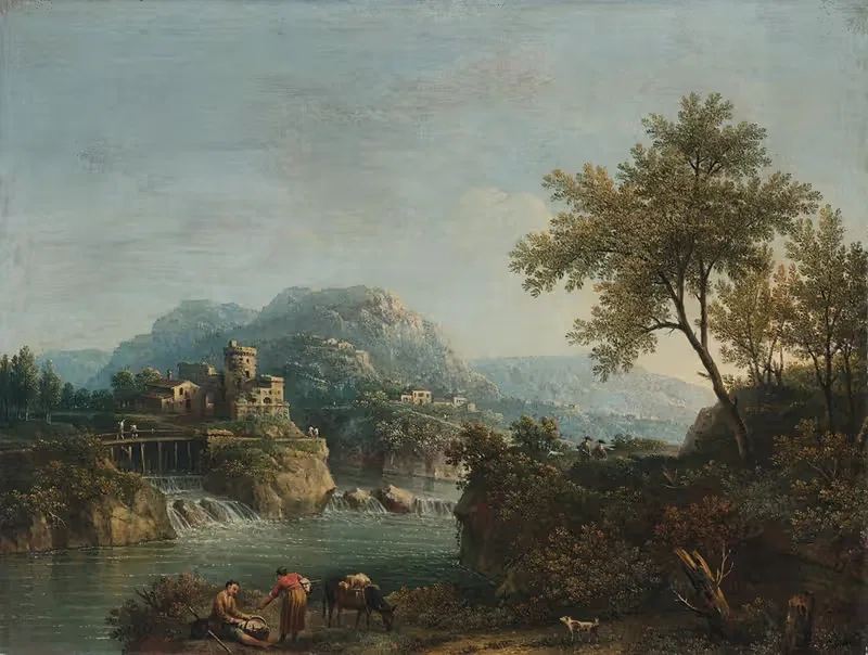 Paesaggio fluviale con figure e un asino — Giovanni Battista Cimaroli
