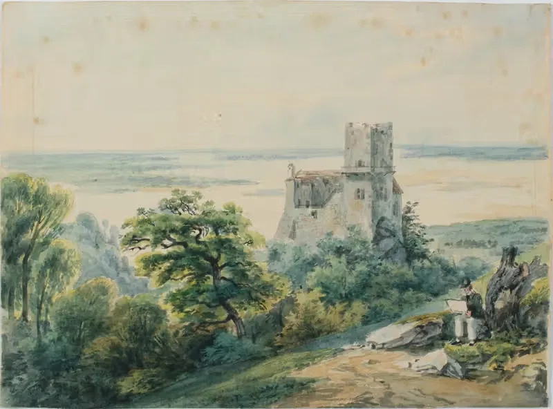 Landschaft am Meer mit Blick auf eine Ruine — Gustav Barbarini