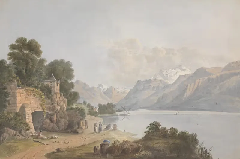 Mountainous Landscape with Lake, Gate and Figures — Isaac Weld